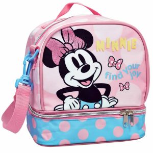 Sac à goûter isotherme rose et bleu à deux compartiments, issu de la collection de cartables Minnie et ses amies, avec une illustration de Minnie Mouse et l'inscription "find your joy".
