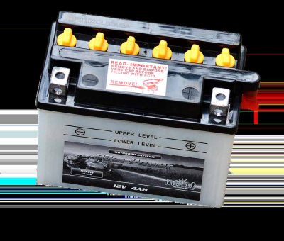 Batterie 12V 4AH avec six bouchons jaunes et étiquette