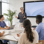 Femme entrain de présenter une formation sur les troubles du comportement handicap.