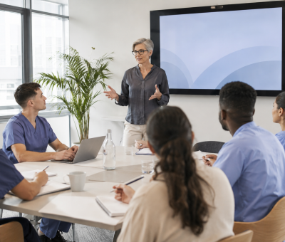 Femme entrain de présenter une formation sur les troubles du comportement handicap.