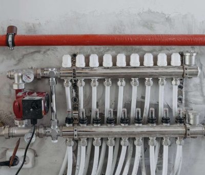 Manifold de chauffage avec tuyaux blancs, vanne et pompe sur mur