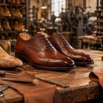 Atelier de cordonnerie avec des outils et des chaussures en cours de fabrication des chaussures Richelieu.