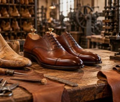 Atelier de cordonnerie avec des outils et des chaussures en cours de fabrication des chaussures Richelieu.