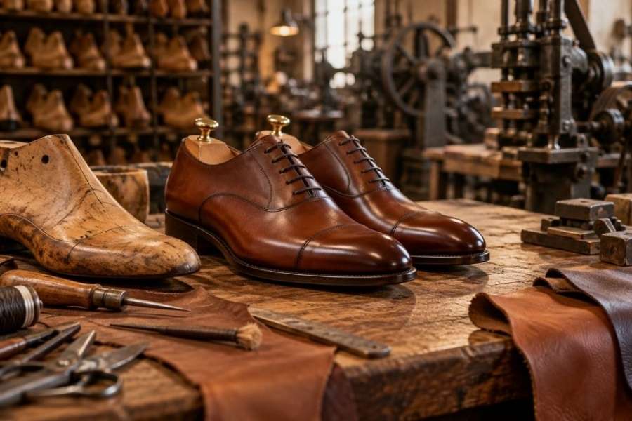 Atelier de cordonnerie avec des outils et des chaussures en cours de fabrication des chaussures Richelieu.