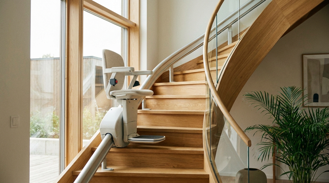 Monte-escalier moderne sur un escalier tournant, maison lumineuse