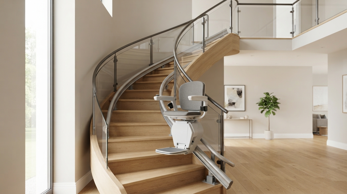 Monte-escalier moderne sur un escalier tournant, maison lumineuse